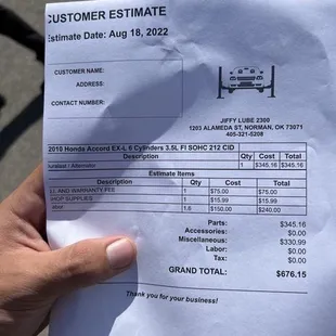 This is just one of the invoices we have available $675 for this place another 197 for a battery and labor charges.