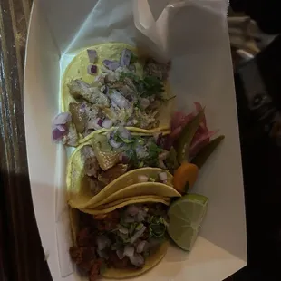 3 tacos (carnitas, carne asada, chorizo)