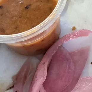 I love this salsa! Never had anything like this salsa before. The pink onions were so refreshing in the tacos and torta.