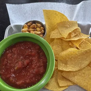 Chips and salsa with corn nuts