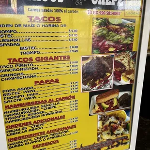 a menu for tacos and cheese
