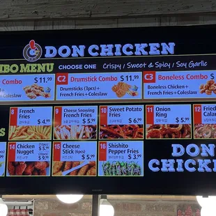 menu and prices on a large screen