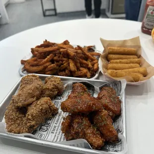 Sweet &amp; Spicy, Soy Garlic Wings, Sweet Potato Fries, Cheese Sticks 6pcs