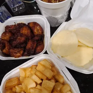 Sides- rice and beans, platanos, arepas, and yuca frita.