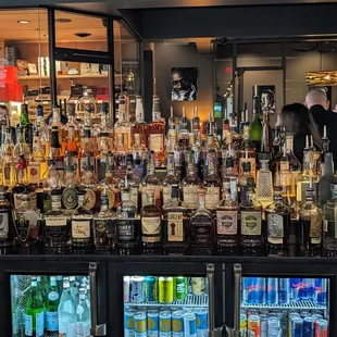 a bar full of liquor bottles