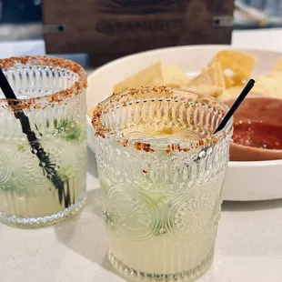 Spicy margaritas, paired with chips and salsa