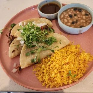 Quesabirria Beef Tacos Beans and Rice