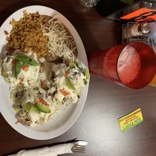 Sopes, chicken, pastor (pork), and carne asada (steak) with a side of rice and beans. With a horchata to wash everything down :)