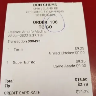 Price for a burrito and chicken torta
