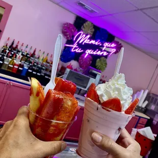 Fruit cup and strawberries with yogurt.