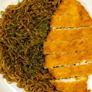 Yakisoba with a chicken cutlet, yummy!