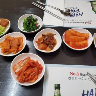 Standard banchan spread. The kimchi pancakes are bomb