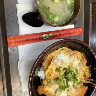 Katsu Don with Miso soup. Popular dish.