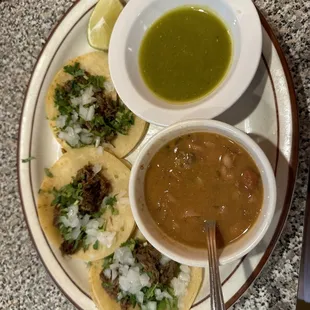 Barbacoa Tacos, Pinto beans, and verde sauce