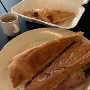 Cubano (the OG), a Cuban coffee, and a pastelito (guava and cream cheese)