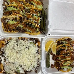Asada fries, carne asada tacos and tripa tacos
