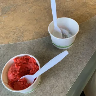 Ice cream, strawberry sherbet and gum