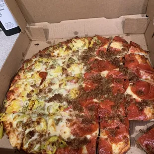 Pep &amp; sausage, then also half with green olives &amp; banana peppers...delicious