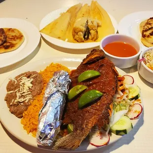 Red bean pupusa, cheese and jalapeño tamale,  cheese pupusa and mojarra