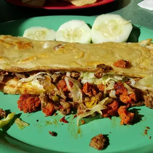 Homemade corn tortilla is delicious...must add chorizo of course! This is their Machete with Azad con chorizo.