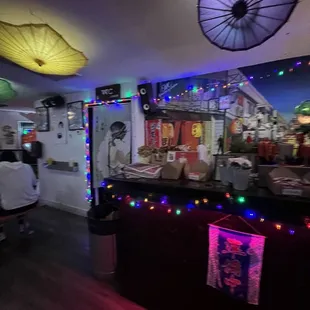 umbrellas hanging from the ceiling