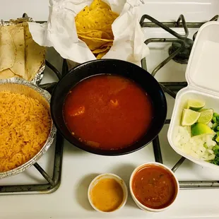 a variety of food items on a stove