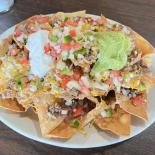 Tortilla chips covered with refried beans ground beef pico de gallo guacamole sour cream and cheese really good