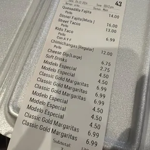 Bill for the evening