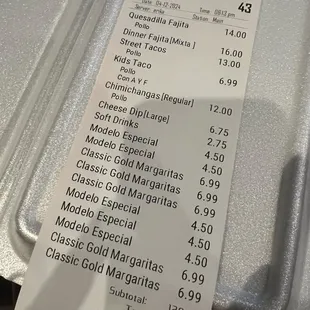 Bill for the evening