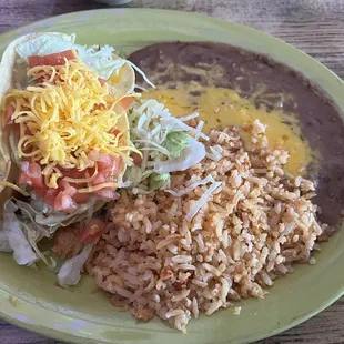 Chicken taco lunch special with rice and beans