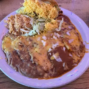 #1 Combination Plate: 2 enchiladas, taco, rice, &amp; beans