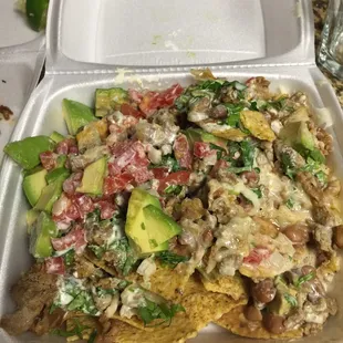 Carne Asada Nachos with everything!  Awesomely delicious!