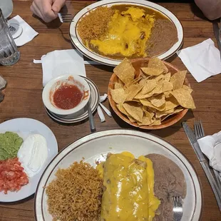 Enchiladas, chimichanga- both so good ! Salsa was great too!!