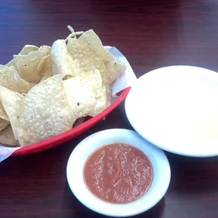 A very unique Queso, homemade salsa and chips. Yummy