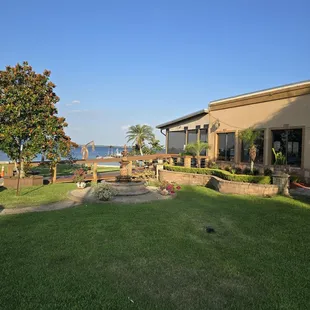 Cute fountain beside the building, and look at the view from the parking lot of the lake!