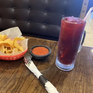 Chips and salsa and Hibiscus water