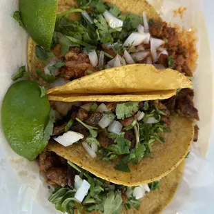 Al Pastor and Fajita tacos August 15th. Change of tortilla and filling compared to a month ago.