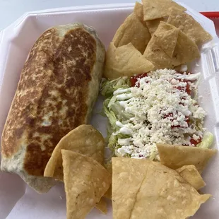 Burritos Tortilla Chips with salsa salad mix