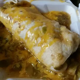 Chicken Fajita burrito, smothered in green.