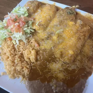 Four item combo, one soft chili relleno, one crispy chili relleno, one beef chimichanga and one cheese enchilada. Yummy!