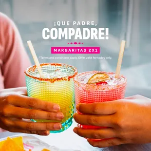 Monday just got better with our 2-for-1 classic margaritas all day!  Enjoy the perfect blend of tequila and lime with a friend--or two!