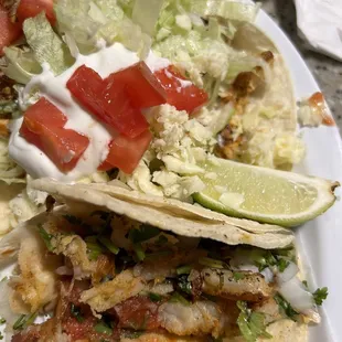 Shrimp corn tortilla taco  Chicken flour tortilla taco.