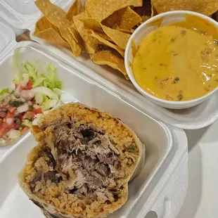 Burrito and chips and queso