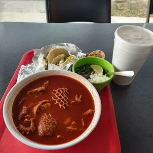 My Sunday lunch if tripe soup and tacos ..