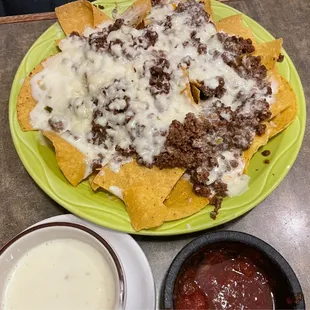 Nachos (ground beef), Small cheese dip, complimentary salsa