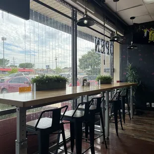 Seating facing the parking lot