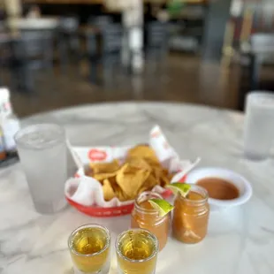 Jameson, chips &amp; salsa, &amp; welcome shrimp soups