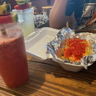 Strawberry Drink, Cheeto Fries, and Lemonade