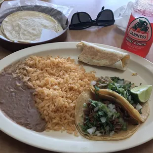 3 Tacos with Rice and Beans (chorizo/egg, carnitas, barbacoa)