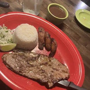 Palomilla Steak with white rice, black beans, and sweet plantains